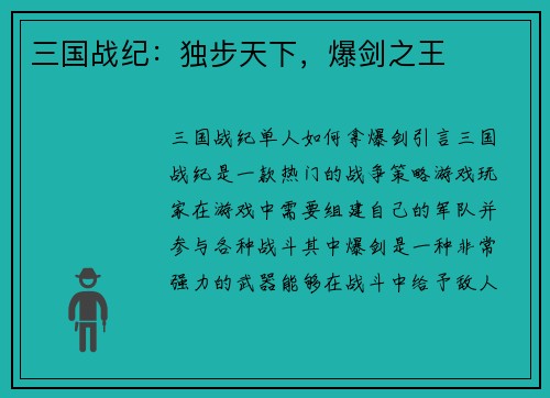 三国战纪：独步天下，爆剑之王