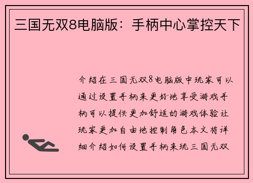 三国无双8电脑版：手柄中心掌控天下
